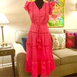J. Crew Bright Pink Ruffled Tiered Maxi Dress with Tassel Tie